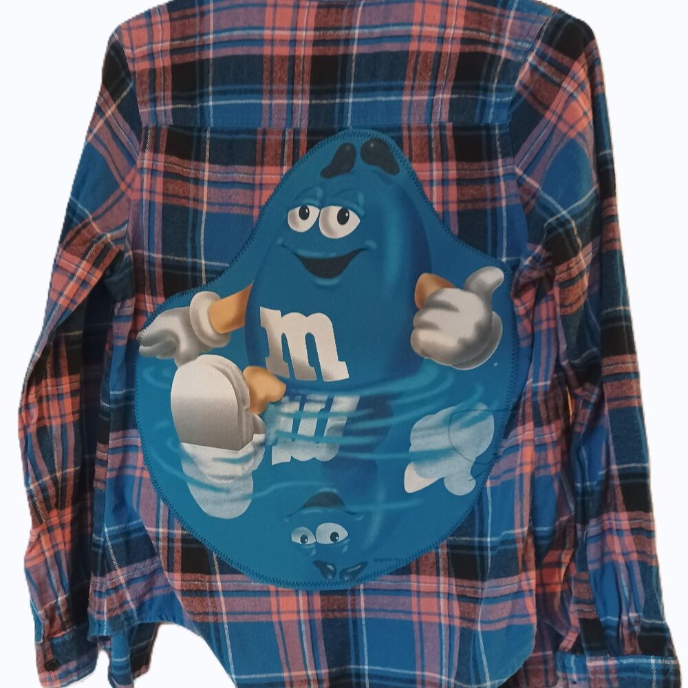 Blue M&M upcycled refurbished recycled flannel shirt
